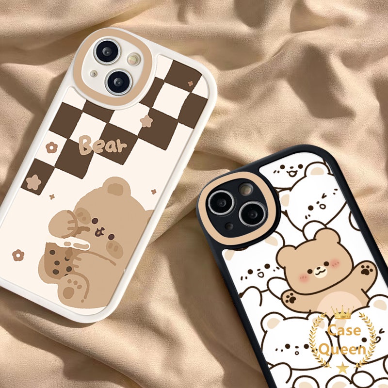 IPHONE Indah Lucu Kartun Beruang Teh Susu Pola Papan Catur Casing Ponsel Anti Jatuh Kompatibel Untuk Iphone6 7 6s 8plus XS XR Max X11 12 14 13 Pro Max SE 2020 Lembut Tpu Cover