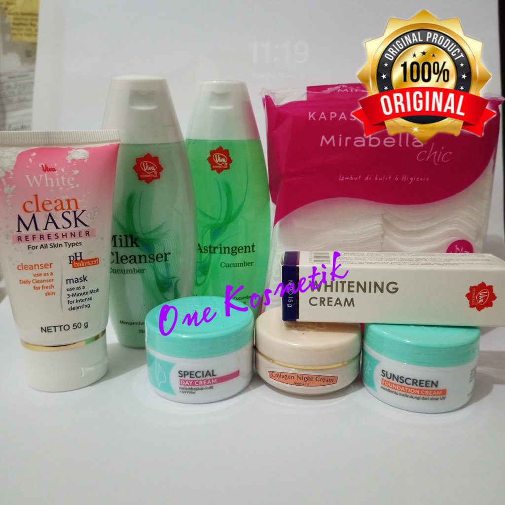 Viva PAKET Anti Flek Hitam 2 / 3 / 5 / 6 / 7 / 8 MILK CLEANSER + FACE TONIK CUCUMBER 100ml + KAPAS MIRABELLA + SPECIAL DAY CREAM + COLAGEN NIGHT CREAM + WHITENING CREAM + SUNSCREEN + CLEAN MASK