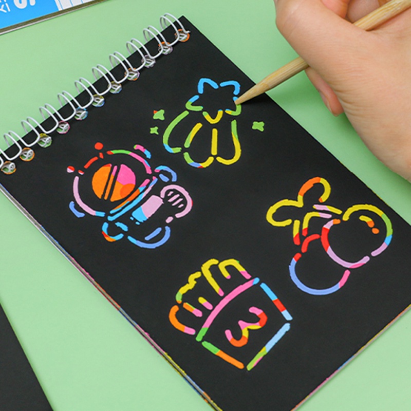 10lembar Kartun Colorful Doodle Buku Sketsa Anak Pad Garukan Dua Sisi Dengan Pena Bambu