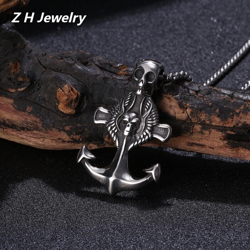 [Z H Perhiasan] Vintage Punk Salib Tengkorak Kepala Liontin Fashion Pria Stainless Steel Jangkar Kalung Hip Hop Pesta Perhiasan Aksesoris