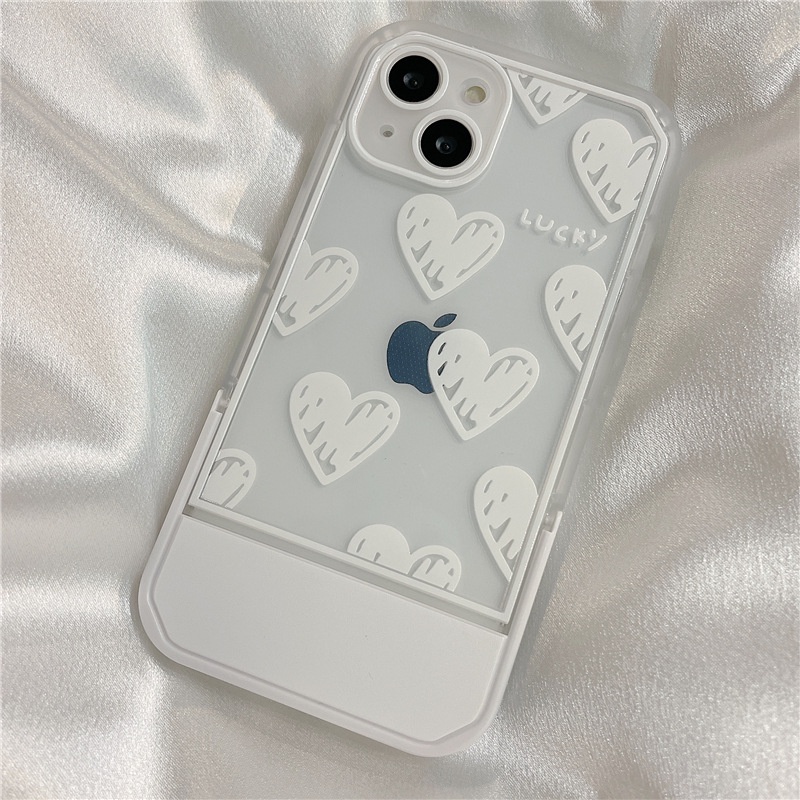 IPHONE Doodle Putih Cinta Hati Semi Transparan Tak Terlihat Lipat Holder Phone Case Cover Dengan Rantai Manik-Manik Untuk Iphone7 8 PLUS X XR XS 11 12 13 14 PRO MAX SE 2020