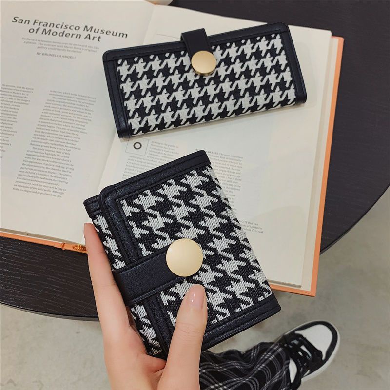 Sera baru kanvas houndstooth dompet kecil wanita paragraf pendek warna kontras lipat klip koin multi-kartu gesper tas genggam panjang