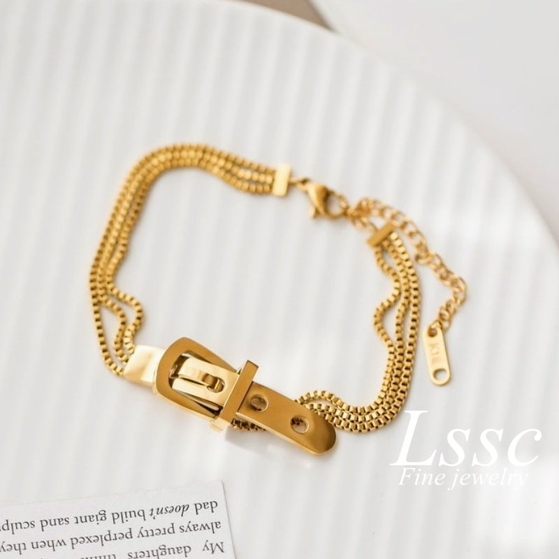 Gelang Titanium Wanita Anti Karat Gesper Sabuk Emas 18K Elegan Cantik Korea Aksesoris Perhiasan Fashion