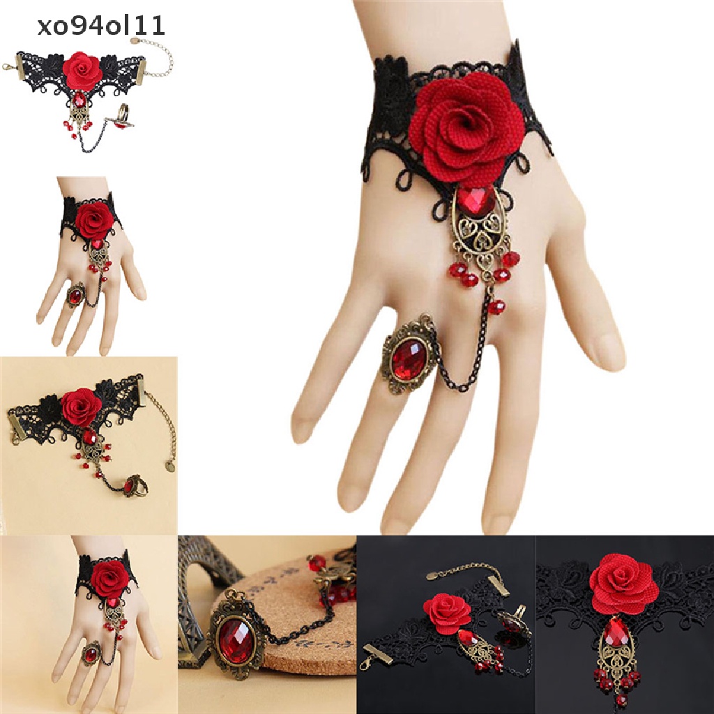 Xo Hot New Gelang Mawar Merah Renda Gaya Gotik Elegan Dengan Cincin Jari Yang Dapat Disesuaikan OL