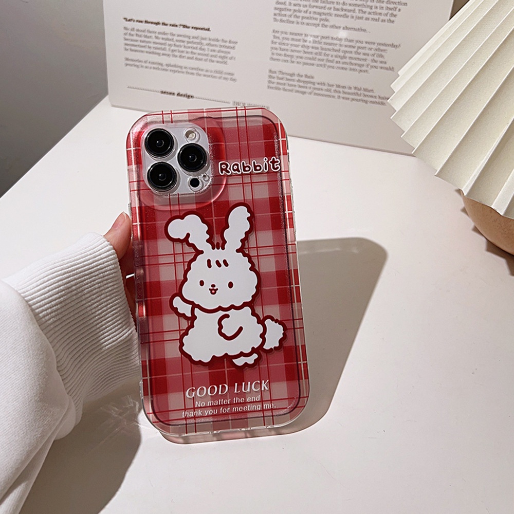 IPHONE Cover Casing Ponsel Transparan Motif Kotak-Kotak Kartun Kelinci Vintage Merah Untuk Iphone11 12 13 14 PLUS PRO MAX