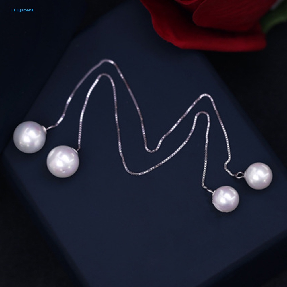 Lilyscent Lady Elegan Mutiara Imitasi Liontin Telinga Linear Anting Rantai Panjang Menjuntai Perhiasan