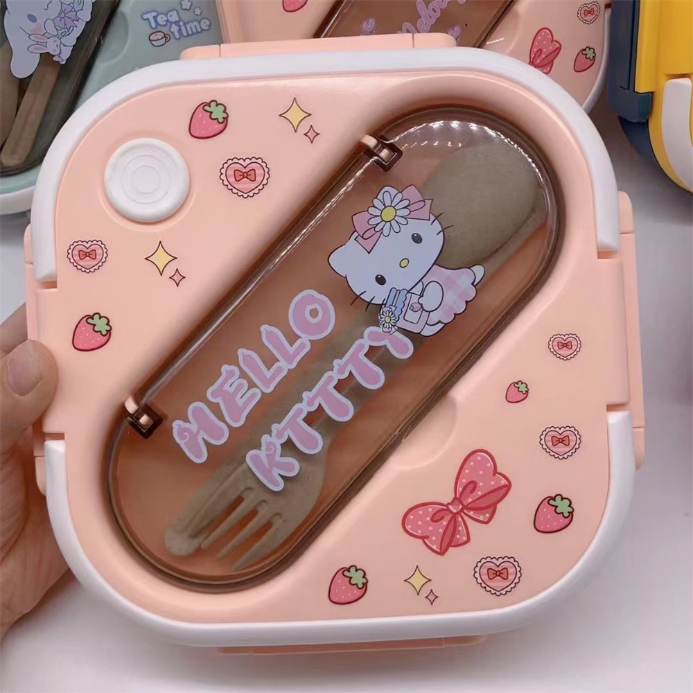 ღ Sanrio Lunch Box Set Kawaii Cinnamoroll Melody Kuromi Purin Microwave Kotak Makan Siang Siswa Tiga Kompartemen Dengan Peralatan Makan Kotak Pemelihara Segar Lucu