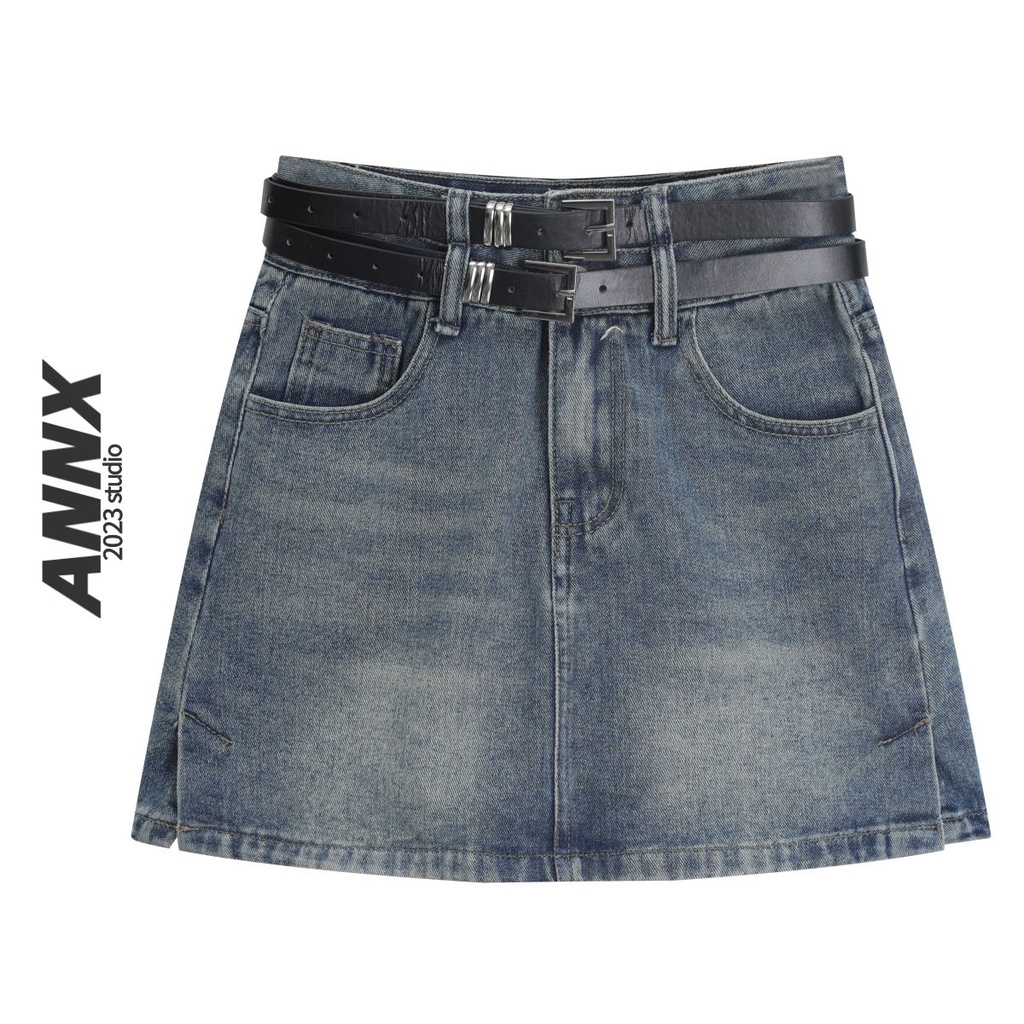 Red ANNX2023 rok gaya Hong Kong retro baru versi Korea manis keren desain pinggang tinggi rasa rok denim A-line ramping