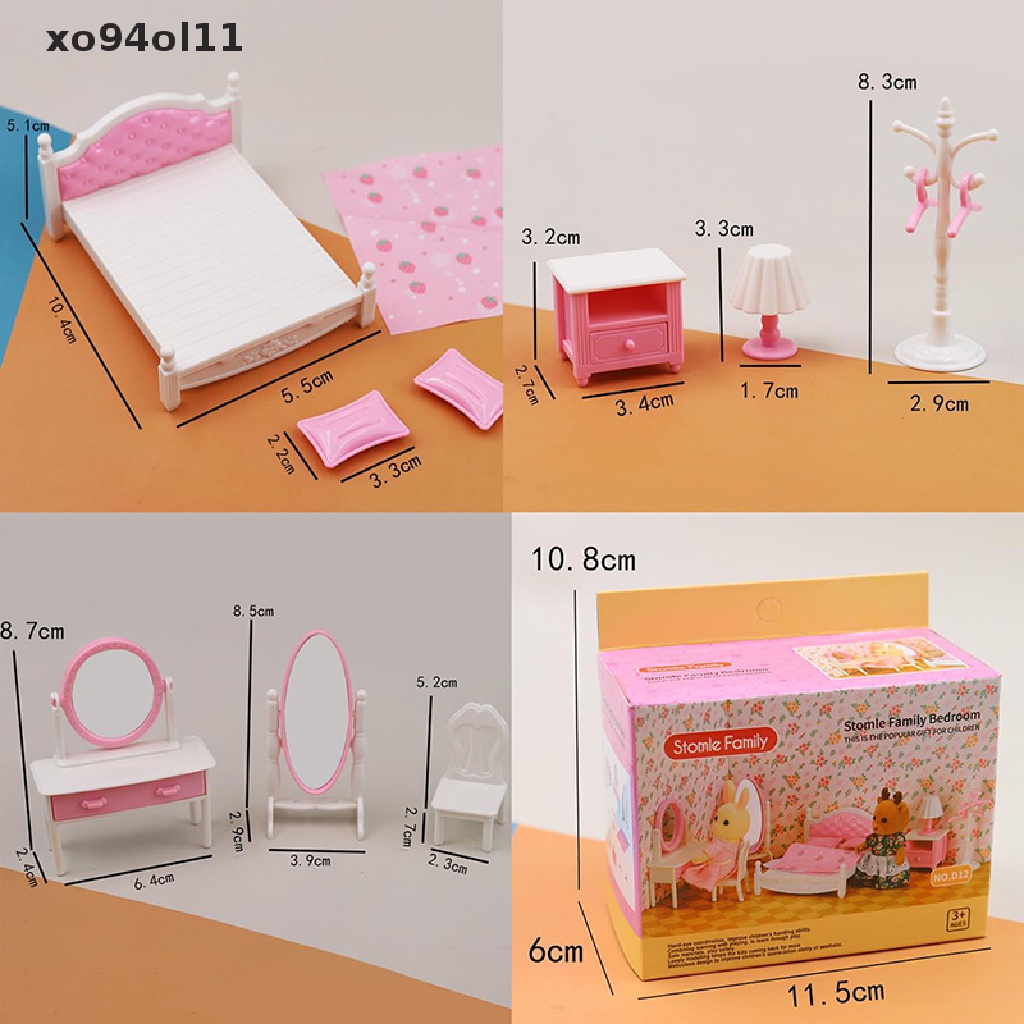 Xo 1: 12rumah Boneka Miniatur Kamar Tidur Set Dresser Meja Samping Tempat Tidur Bed Mirror Model OL