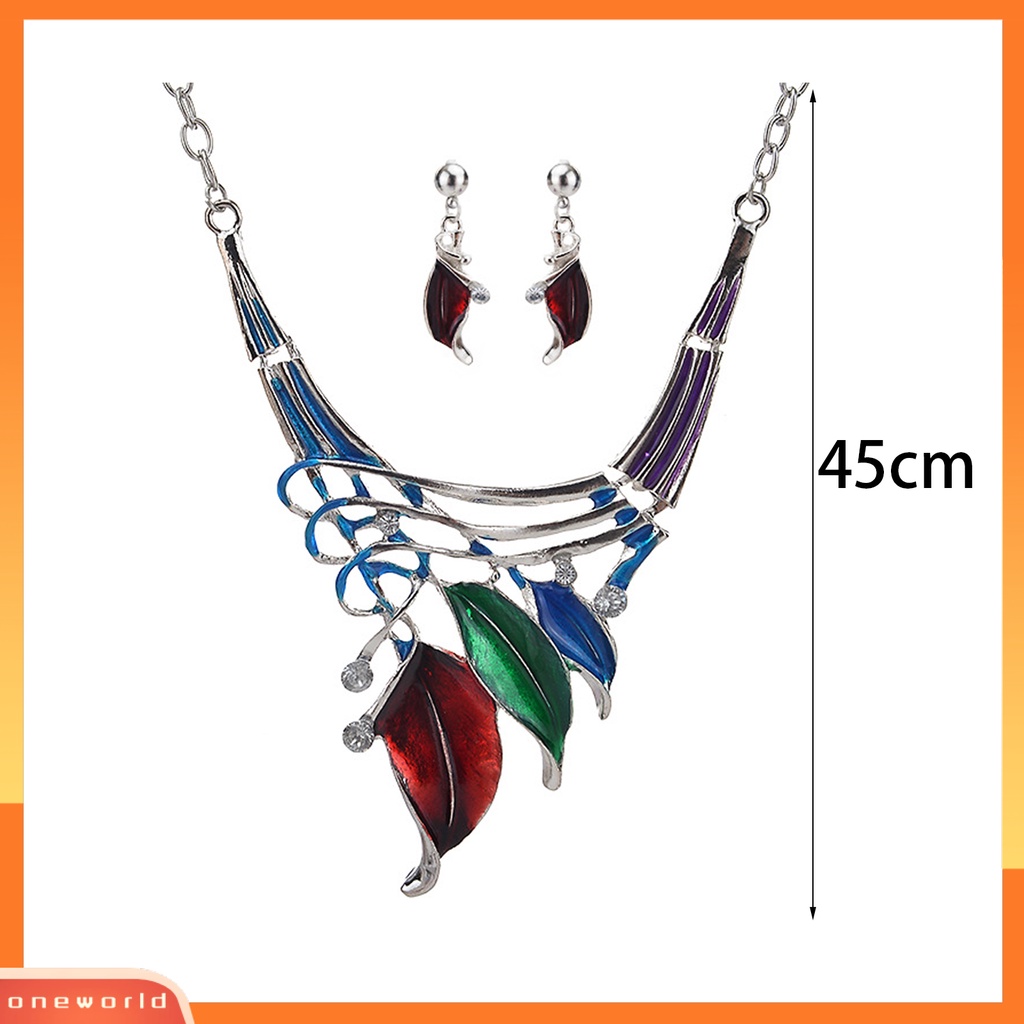 [ONE] 1set Menjuntai Anting Tetesan Minyak Multi-Layer Menyilang Berlian Imitasi Enamel Daun Pernyataan Kalung Kit Perhiasan Fashion