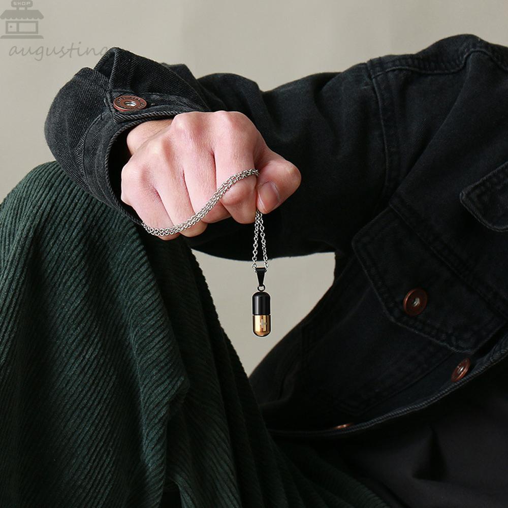 Agustinina Pill Kalung Punk Pria Tempat Parfum Memorial Perhiasan Abu Vial Kenang Kenangan Kremasi Guci Liontin