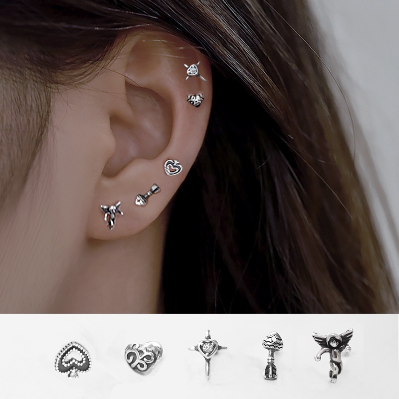 Roselife 5 Pcs Punk Retro Perak Hati Cupid Panah Cinta Anting Untuk Wanita Gadis Punk Semua Cocok Antik Anting-Anting Set Gaya Telinga Perhiasan Aksesoris