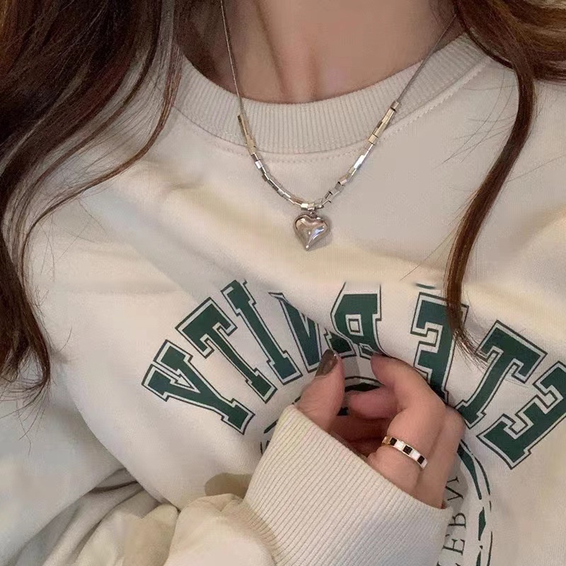 Kalung Persegi Cinta Tiga Dimensi Perempuan ins Niche Desain All-Match Sweatshirt Rantai Titanium