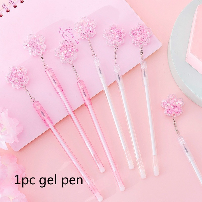 1pc Pena Gel Liontin Sakura Payet Segar Kecil Yang Lucu Pen Penandatanganan Untuk Perlengkapan Alat Tulis Kantor Sekolah Siswa