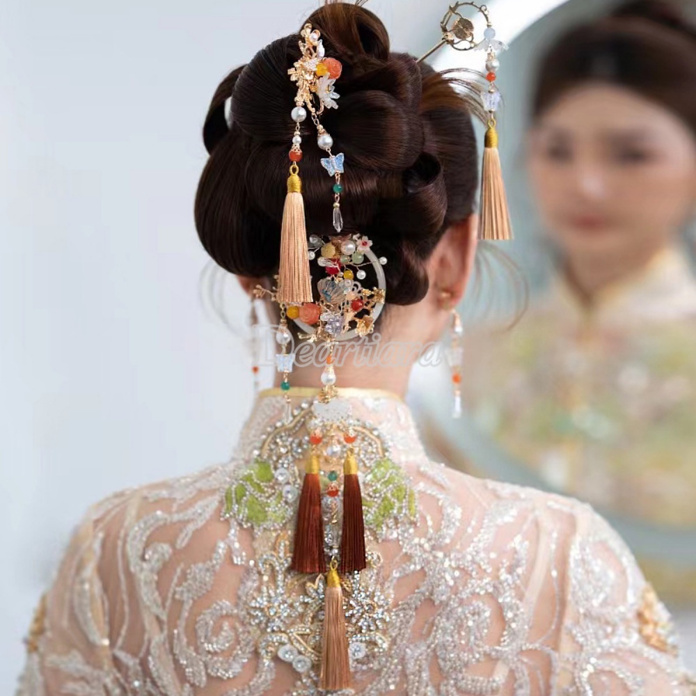 Fashion Cina Xiuhe Hiasan Kepala Pengantin Ornamen Langkah Goyang Rumbai Jepit Rambut Super Abadi Jepit Rambut Pernikahan