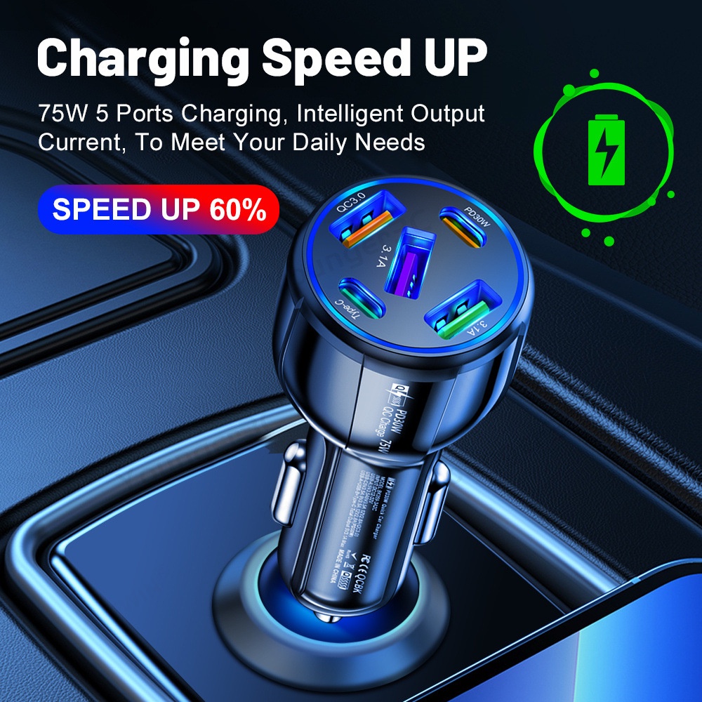 5in1 Fast Charging Charger 3USB+2PD Travel Adoptor 75W Adaptor Pengisian Cepat Untuk i-phone Android Micro Tipe C