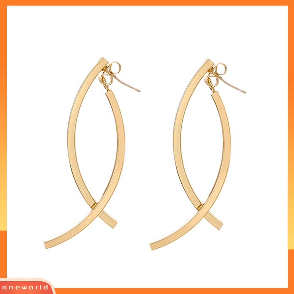 [EONE] 1pasang Anting Pejantan Sederhana Rumbai Panjang Glossy Geometris Melengkung Hias Hadiah Wanita Busur Cross Drop Earrings Perhiasan Pesta Aksesori Busana