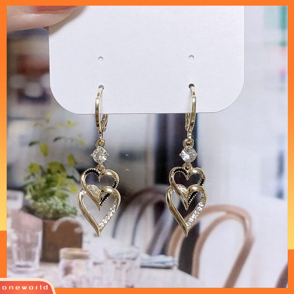 [EONE] 1pasang Anting Menjuntai Retro Gaya Korea Double-layers Cinta Hati Berkilau Berlian Imitasi Drop Earrings Fashion Perhiasan