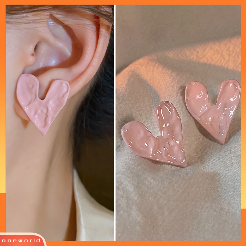 [EONE] 1pasang Ear Studs Pink Enamel Kasar Tidak Teratur Temperamen Cinta Manis Hati Wanita Anting Fashion Perhiasan