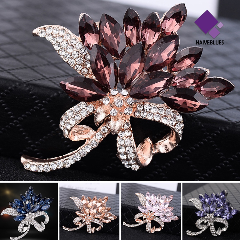 &lt; Naiveblues &gt; Elegan Marquise Cut Shiny Rhinestone Buket Bunga Wanita Bros Pin