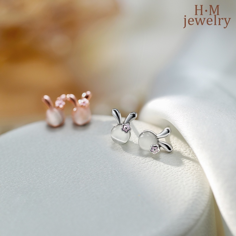 S925 Perak Opal Rabbit Stud Earrings Lucu Dan Kompak Manis Aksesori