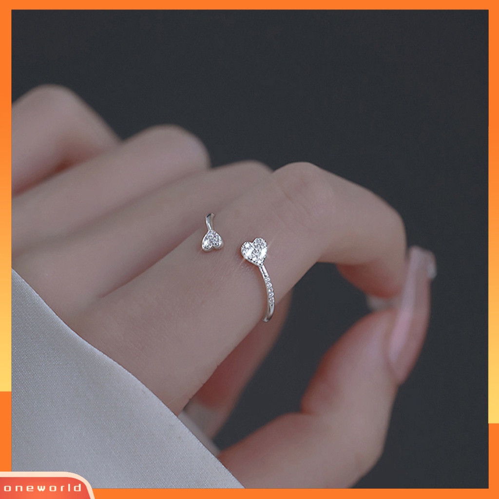 [EONE] Cincin Jari Hati Cubic Zirconia Perhiasan Pembukaan Adjustable Finger Ring Hadiah Hari Kasih Sayang