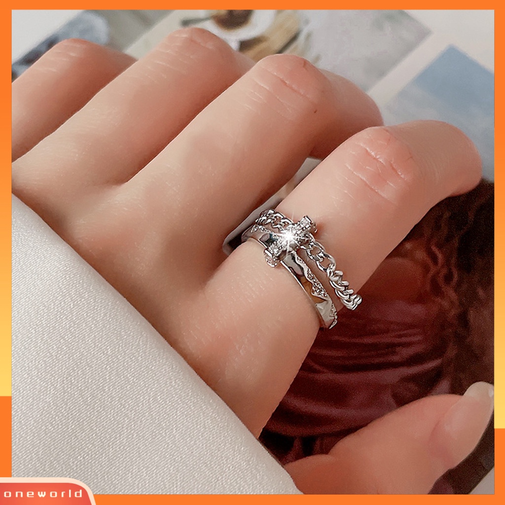 [EONE] Wanita Cincin Hip Hop Lapisan Ganda Hias Eye-catching Semua Pertandingan Hadiah Perhiasan Geometris Berlian Imitasi Bertatahkan Wanita Ladies Finger Ring Untuk Pacaran