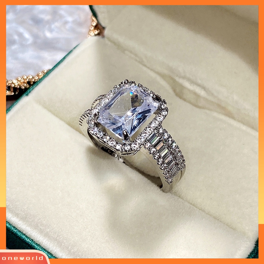 [EONE] Pernikahan Band Bersinar Persegi Berlian Imitasi Hypoallergenic Geometris Gaya Barat Hias Aksesori Bertatahkan Zirkon Lebar Band Cincin Wanita Perhiasan