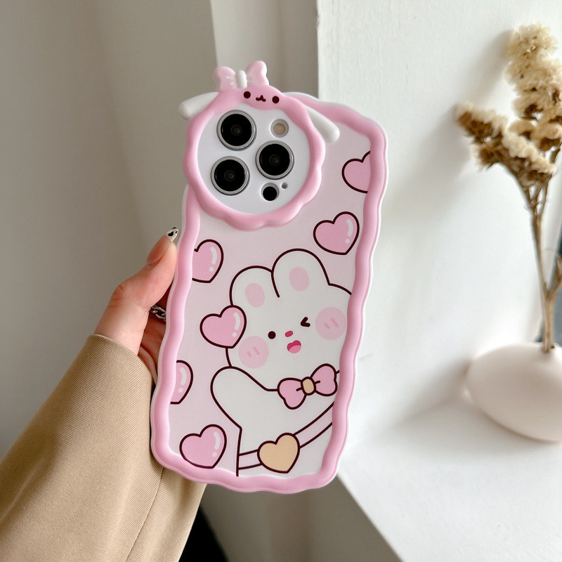 【Lamb Style】Pink Lucky Bunny Soft TPU Case HP iP iPhone 11 12 13 14 Pro Max 7 8 + Plus SE 2020 X XS XR Max Girl Woman FTD Casing Apple