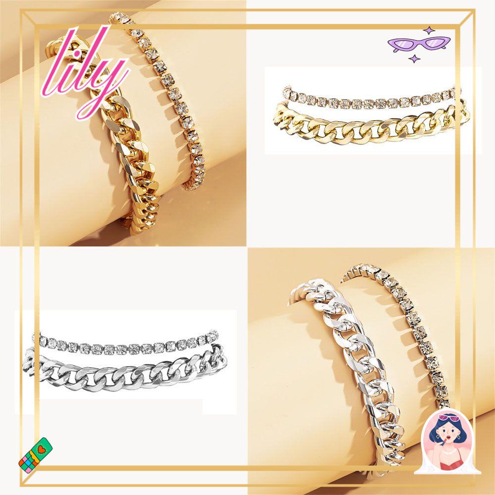 Lily 2Pcs/Set Gelang Kaki Berlian Gaya Baru Berlian Imitasi Mengkilap Adjustable Cuba Link