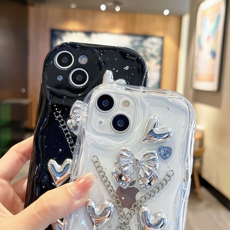 【Resin Case】3D Silver Love Bow Silicone Case for IPhone X XS XR XS Max 11 13 12 14 PRO Max 14 Plus Clear IPhone Case Ice Cream Casing hp iPhone 13 pRO MAX