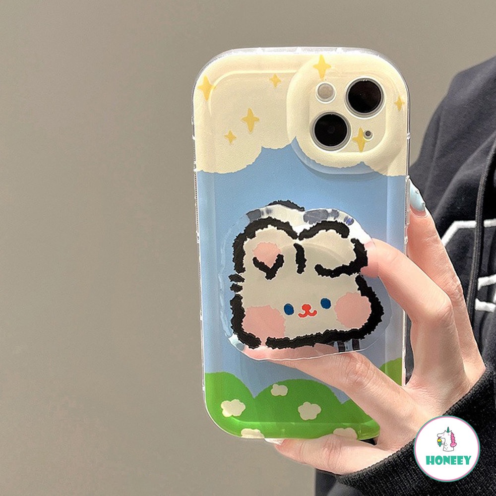 IPHONE Kawaii Retro Smile Rabbit Bracket Kartun Casing Ponsel Transparan Untuk Iphone14 13 12 11 Pro Max14 Plus Case Cute Sweet Cover