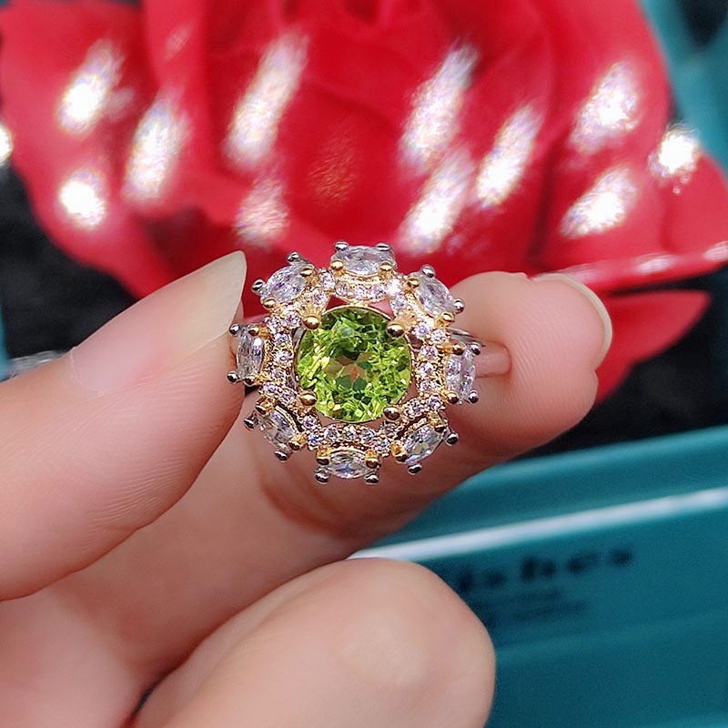 Goldkingdom Aksesoris Perhiasan Fashion Ready Stock Warna Alami Harta Set 2karat Alami Olivine Cincin Kalung Liontin