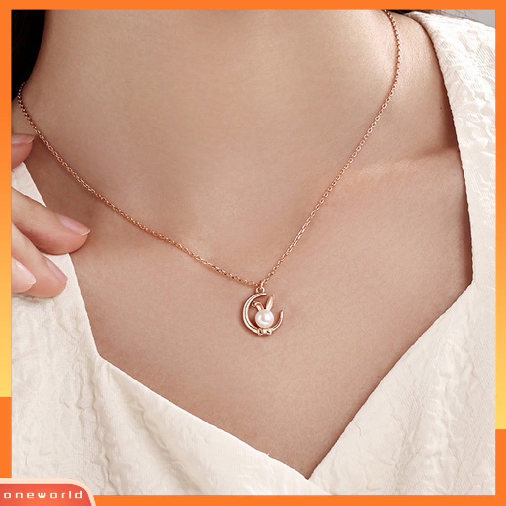 [EONE] Wanita Kalung Elegan Dainty Slim Rantai Tinggi Bersinar Mutiara Imitasi Bulan Kelinci Liontin Kalung Perhiasan Aksesoris