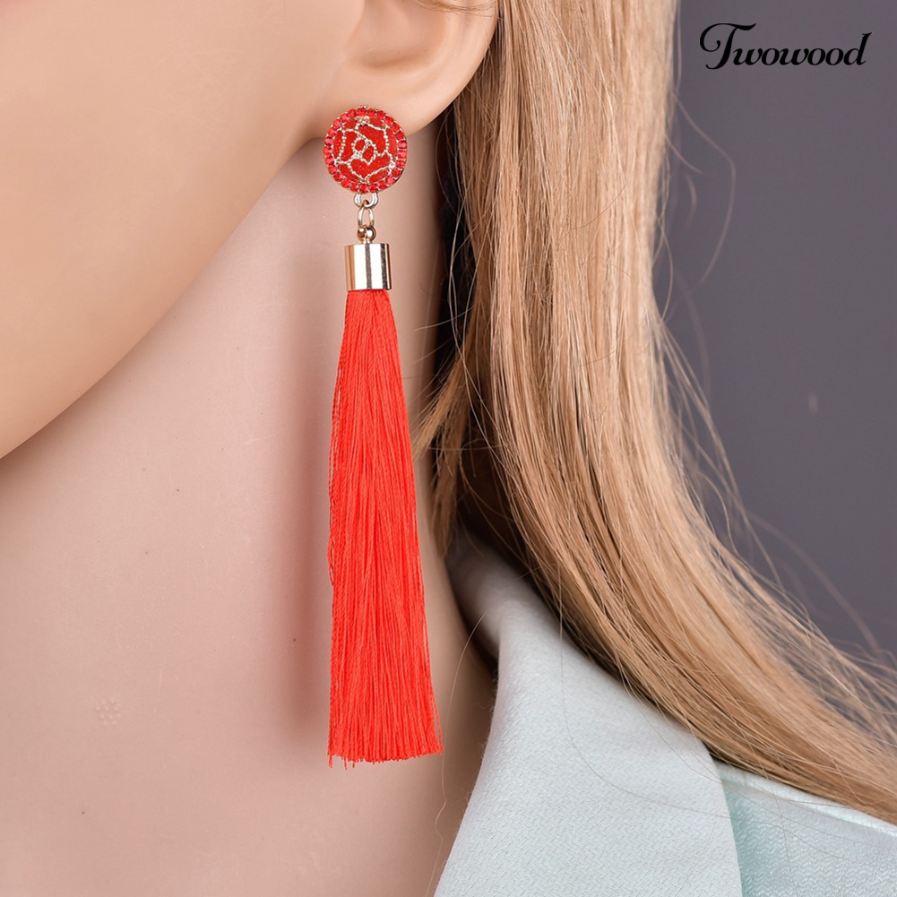 Twowood Bohemian Etnik Bunga Rumbai Panjang Menjuntai Statement Earrings Wanita Perhiasan Hadiah