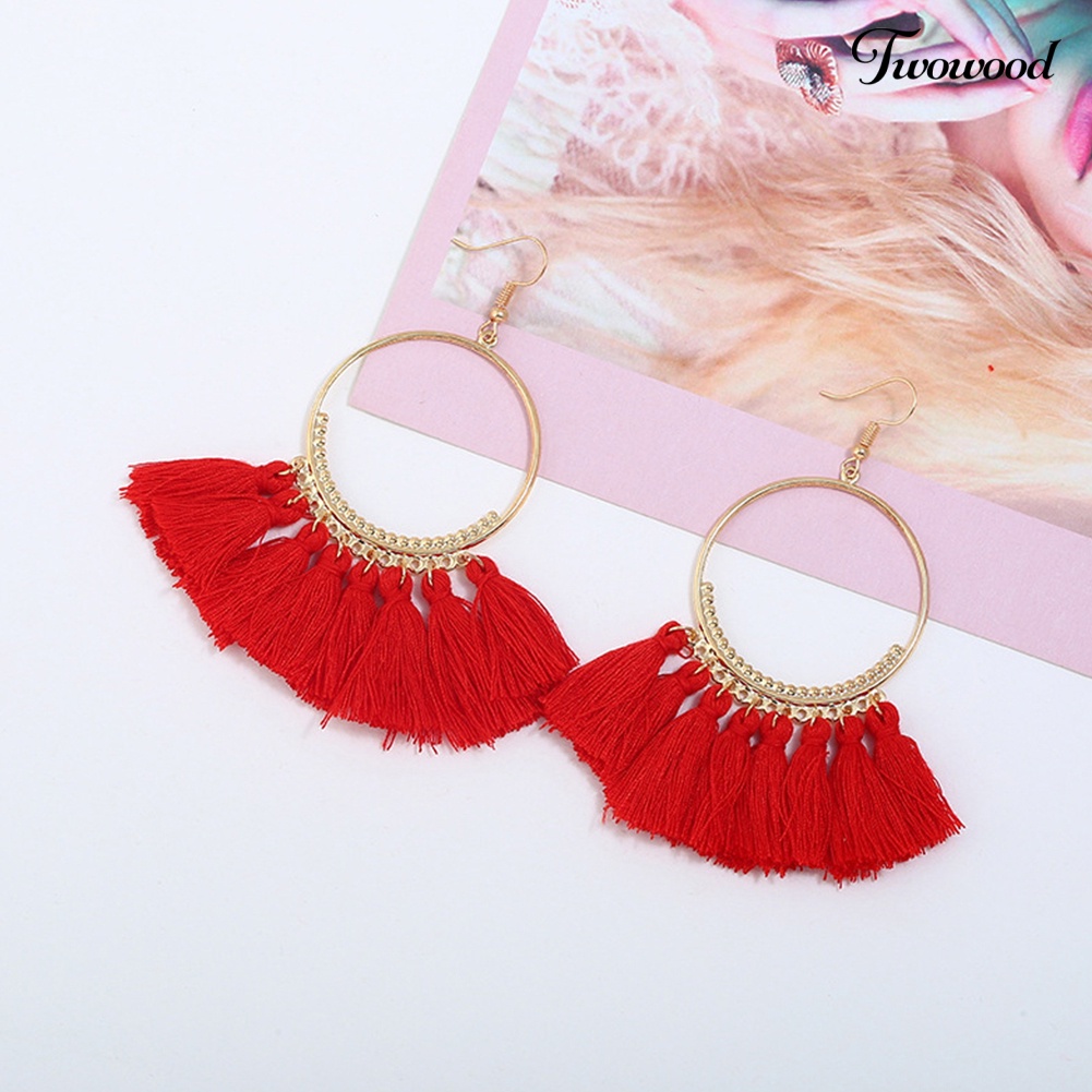 Twowood Bohemia Wanita Besar Cincin Drop Menjuntai Jumbai Anting Ear Hook Pesta Perhiasan Hadiah