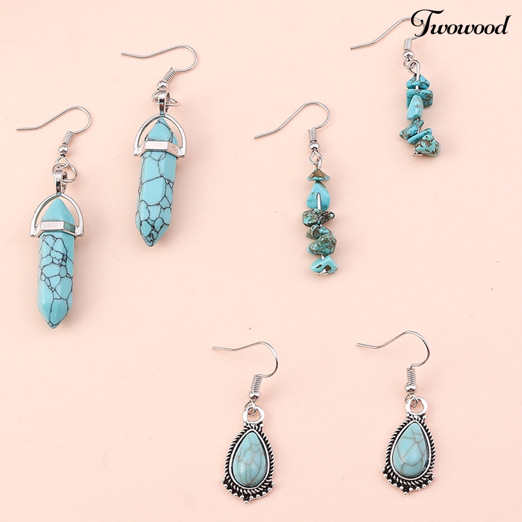 Twowood 1set Statement Kalung Etnik Retro Tetesan Air/Hexagon Prisma Imitasi Biru Turquoise Batu Alam Hoop Earrings Kit Perhiasan Fashion