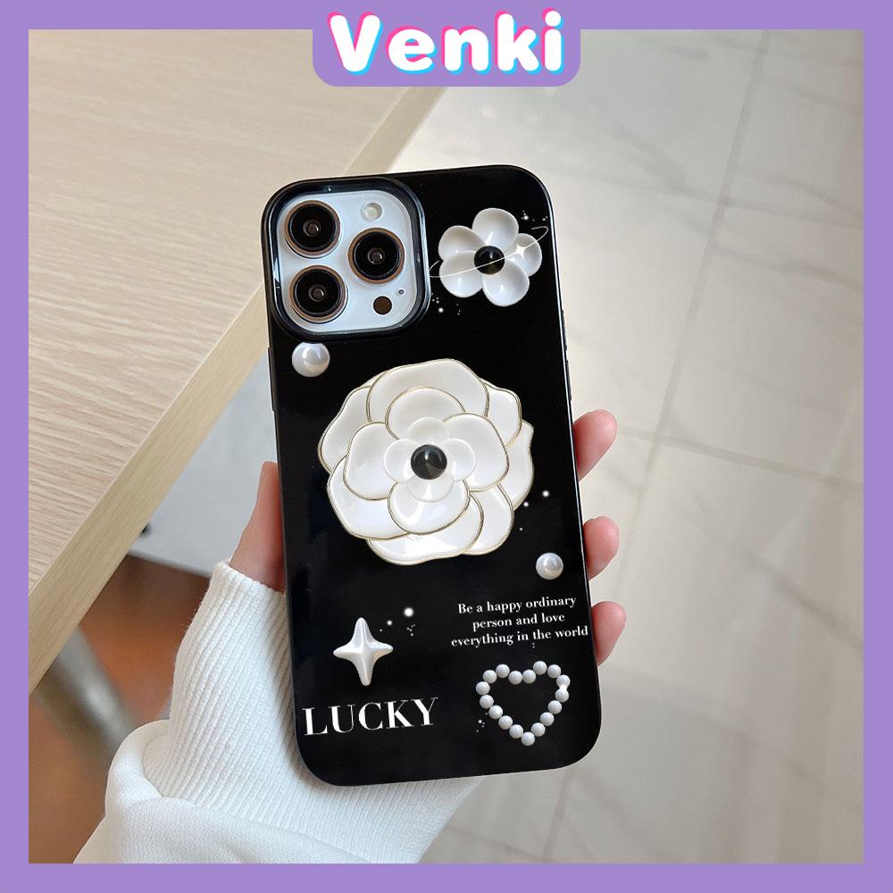 VENKI - For iPhone 11 iPhone Case Black Glossy TPU Soft Case Shockproof Protection Camera White Flowers Compatible with iPhone 14 13 Pro max 12 Pro Max xr xs max 7Plus 8Plus