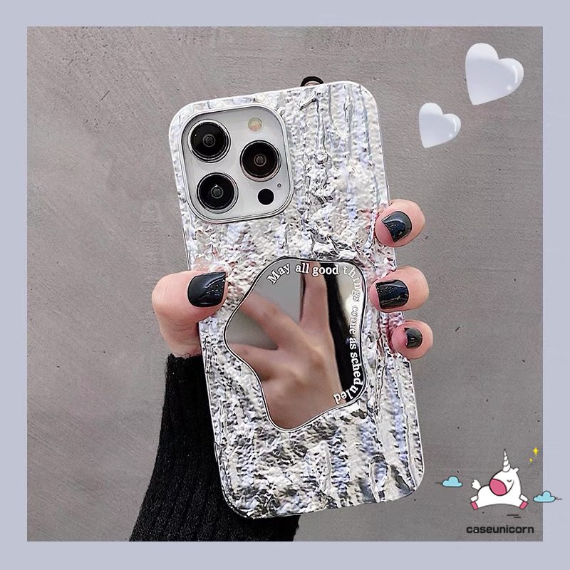 IPHONE Luxury Electroplate Plating Kerut Kreatif Make Up Mirror Case Kompatibel Untuk Iphone11 13 14 12 Pro MAX XR 7Plus 8Plus X XS Max7 6 6S 8Plus SE 2020 Lembut Ins Fashion Cover