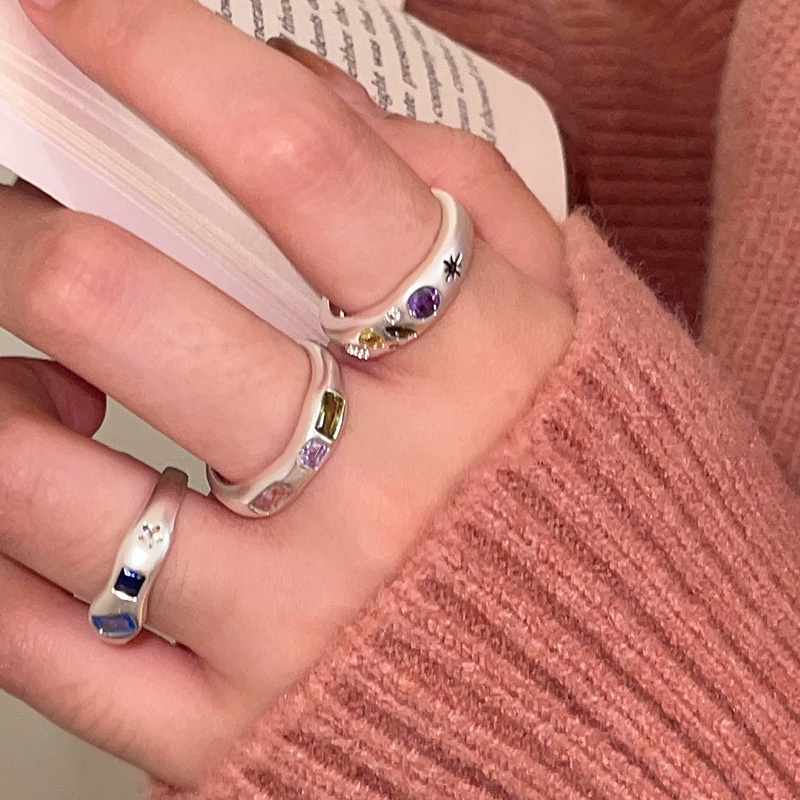 S925 Perak Cincin Terbuka Warna Zirkon Hati Bintang Jari Telunjuk Rings Perempuan