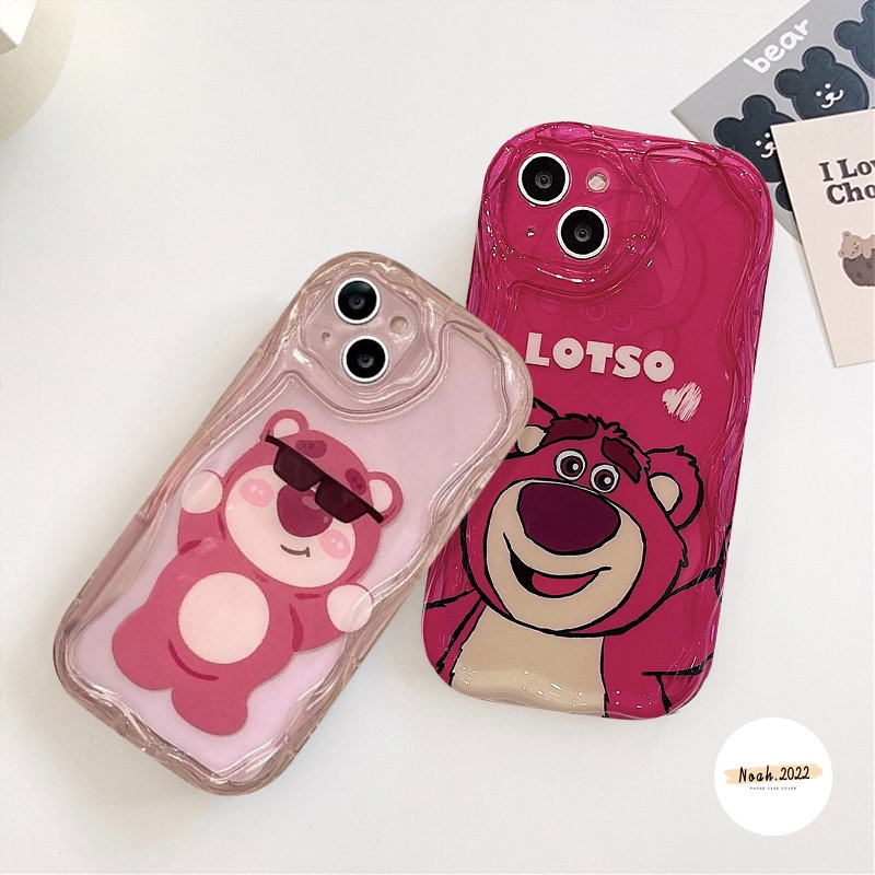 IPHONE Kartun Manyo Keren Strawberry Bear Memakai Sunglasse Case Kompatibel Untuk Iphone11 12 XR 7 8 6s 6 Plus 13 14 Pro Max X XS Max SE 3D Wavy Curved Edge Glossy Shockproof Soft Cover