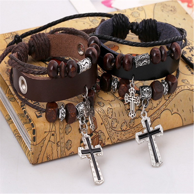 Multi Layer Gelang Kulit Set Untuk Pria Liontin Salib Manik-Manik Tali Dikepang Adjustable Gelang Perhiasan Aksesoris