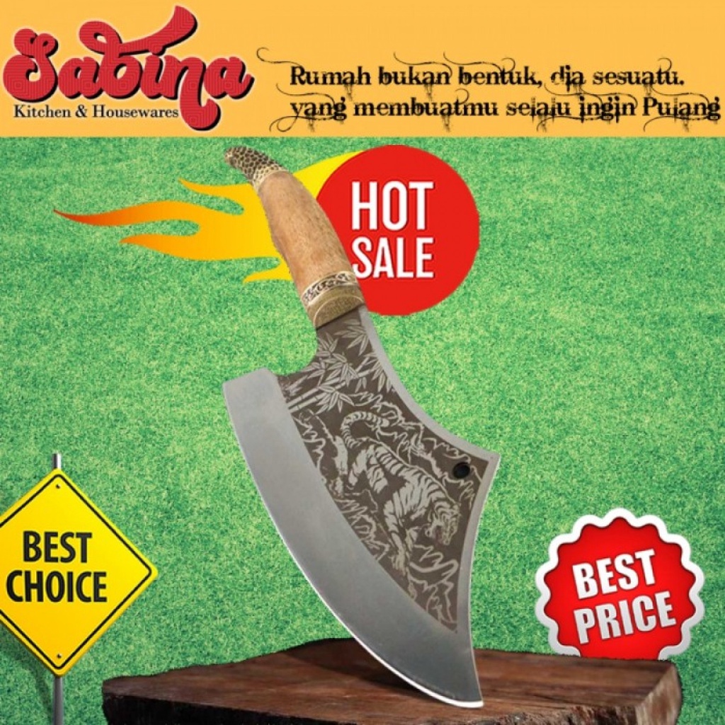 Pisau Dapur Golok Chef Knife Cleaver Wide 8.5Inch Koleksi Ukir Harimau