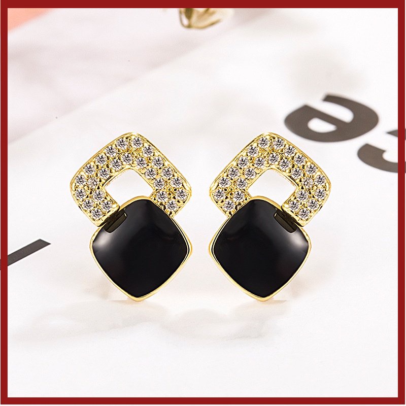 18k Emas Fashion Retro Berlian Hitam Anting Persegi Rasa Tinggi Anting Perak U1814