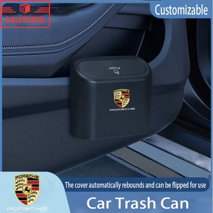 Tempat Sampah Mini Portable Mobil Porsche Gantung Tutup Flip Dustbin Back Seat Waterproof ABS Storage Box Organizer Untuk Macan Panamera Rawit 911 718 Taycan