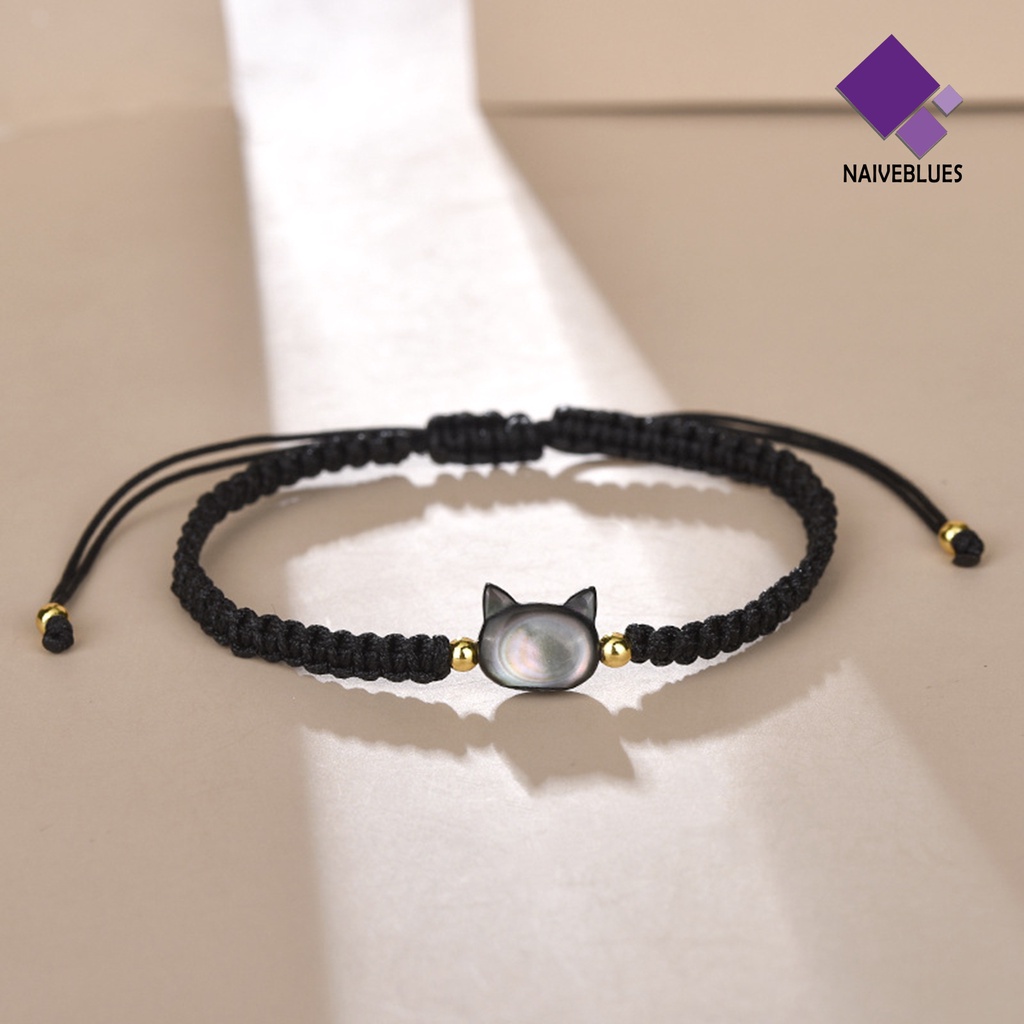 &lt; Naiveblues &gt; Gelang Pasangan Kepribadian Handmade Beads Adjustable Mewah Hitam Kucing Tangan Dikepang Perhiasan