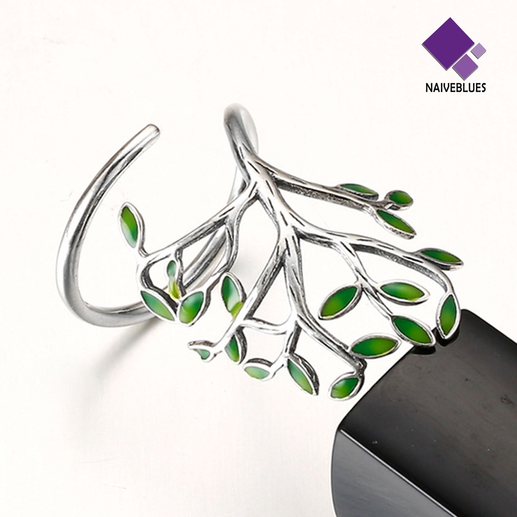 &lt; Naiveblues &gt; Cincin Unisex Bukaan Adjustable Tembaga Cabang Hijau Daun Aksesoris Cincin