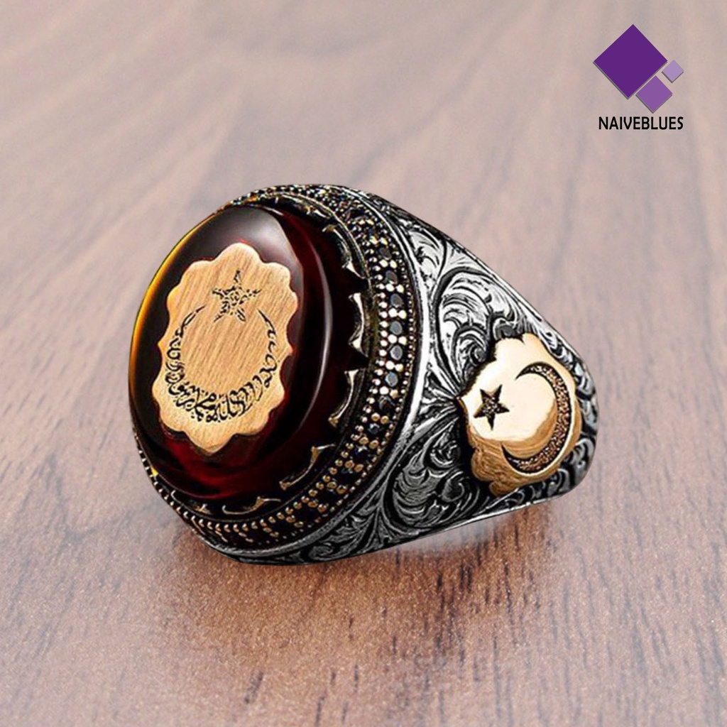 &lt; Naiveblues &gt; Cincin Pria Kepribadian Pola Ukiran Tangan Buatan Tangan Berkilau Vintage Batu Turki Cincin Perhiasan