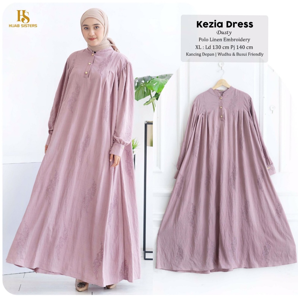 KEZIA Dress Jumbo ORI HIJAB SISTER | Gamis Terbaru Polo Linen Embroidery Polos LD 130