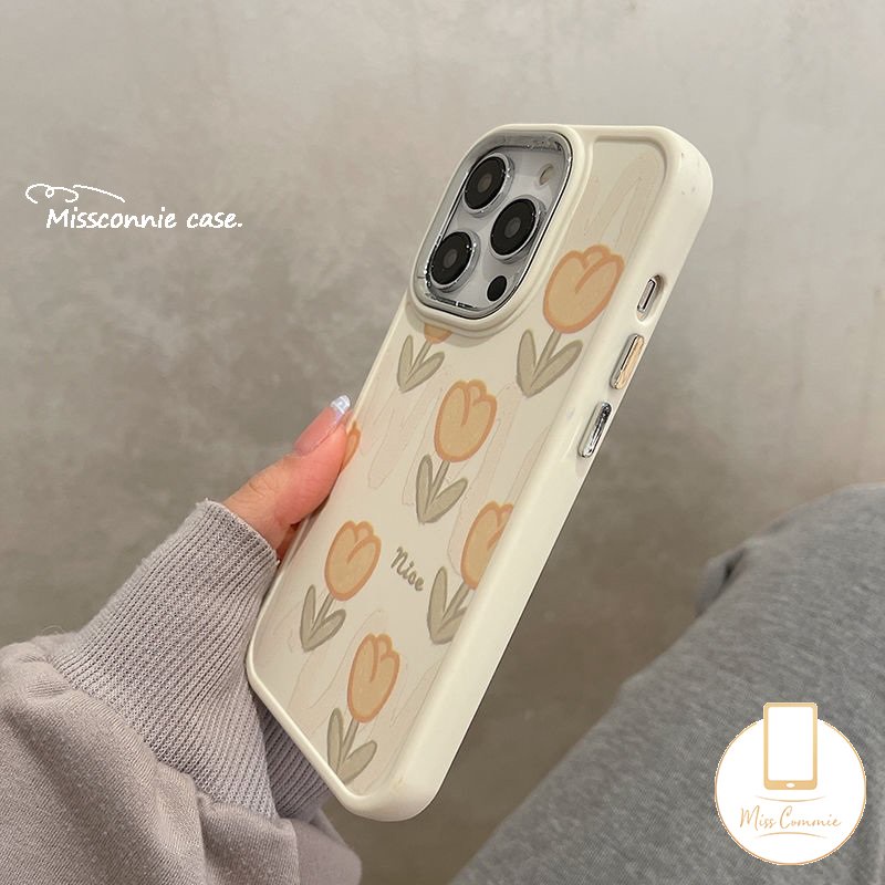 IPHONE Casing Ponsel Bingkai Lensa Logam Electroplate Kompatibel Untuk Iphone11 Pro MAX XR 7plus 14 12 13 Pro MAX X7 8 Plus XS MAX Bunga Tulip Segar Shockproof Lembut TPU Penutup Belakang